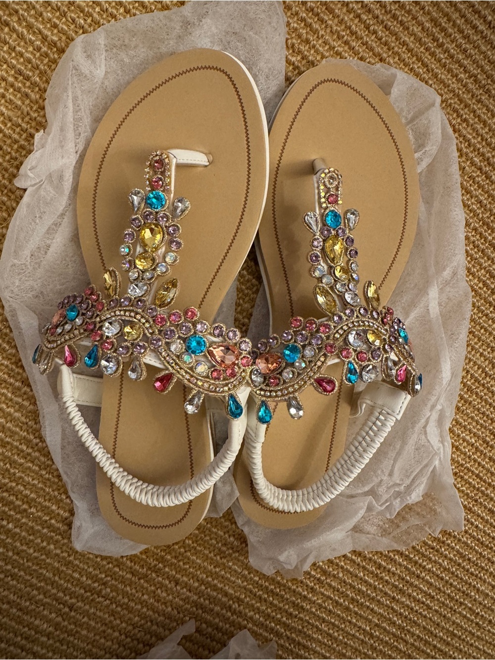 White T-Strap Women's Sandals with Multicolor Gem Accents